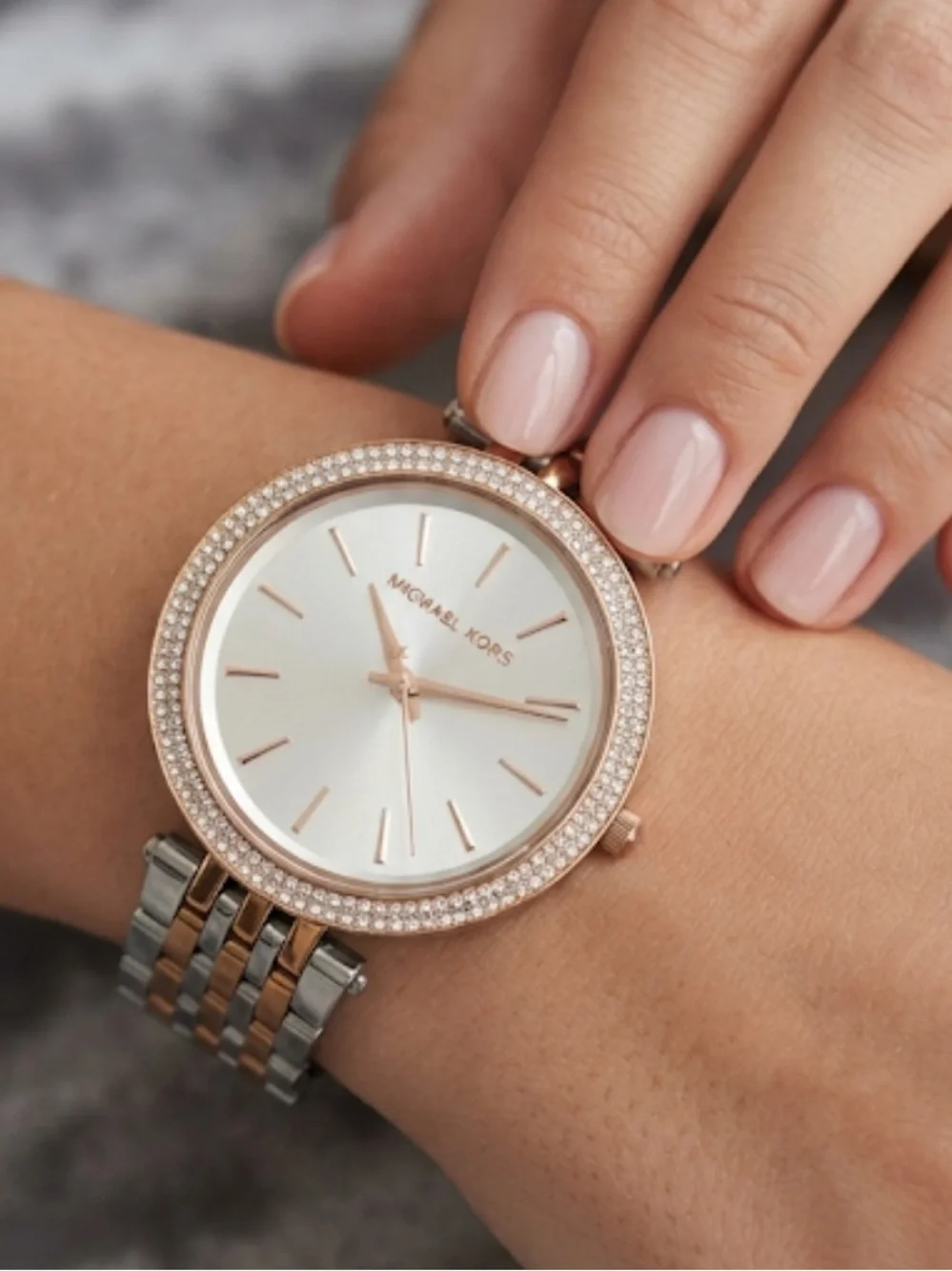 Michael Kors Two-Tone Rose Gold and Silver Women's Watch with Crystal Bezel